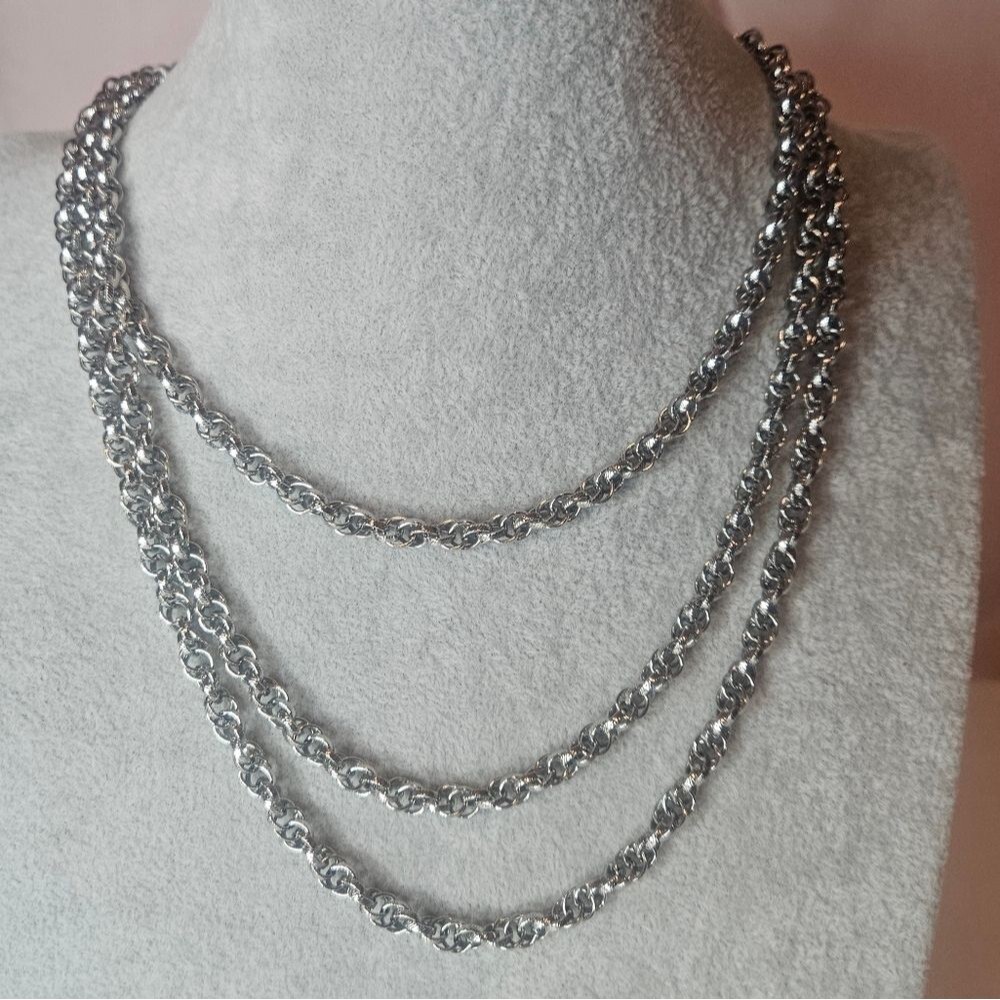 Vintage Thick Etched Chain Link 53" Wrap Silver Tone Necklace 80s-90s